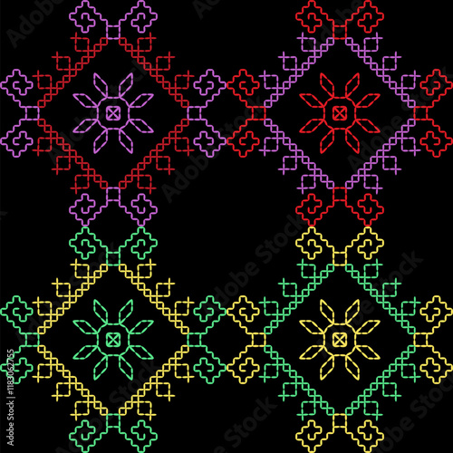 Kasuti india stitch embroidery needlework for fabric background paper wallpaper tiles seamless artwork simple geometric printed  pattern design