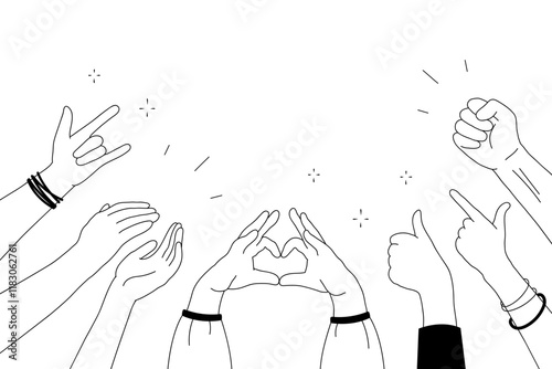 Applause hands set in doodle style. Human hands sketch, with arms raised in gestures like clapping and making heart shapes, on a white background. Vector illustration for celebratory themes
