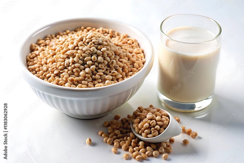 A white bowl filled with brown puffed cereal, a glass of milk, and scattered cereal pieces on a white background. The bowl is slightly tilted, revealing the cereal inside. A white bowl filled with brown puffed cereal, a glass of milk, and scattered cereal pieces on a white background. The bowl is slightly tilted, revealing the cereal inside.