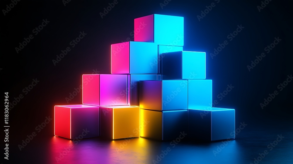 Neon Colored Cubes Arranged In A Pyramid Shape Neon Colored Cubes Arranged In A Pyramid Shape