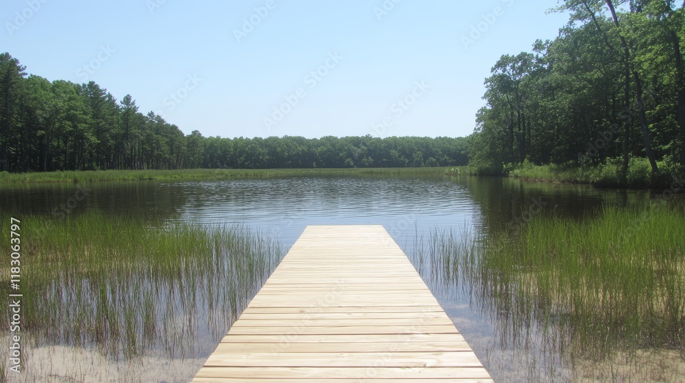 Fototapeta premium Serene Wooden Dock Extending to Calm Lake, Surrounded by Lush Green Forest