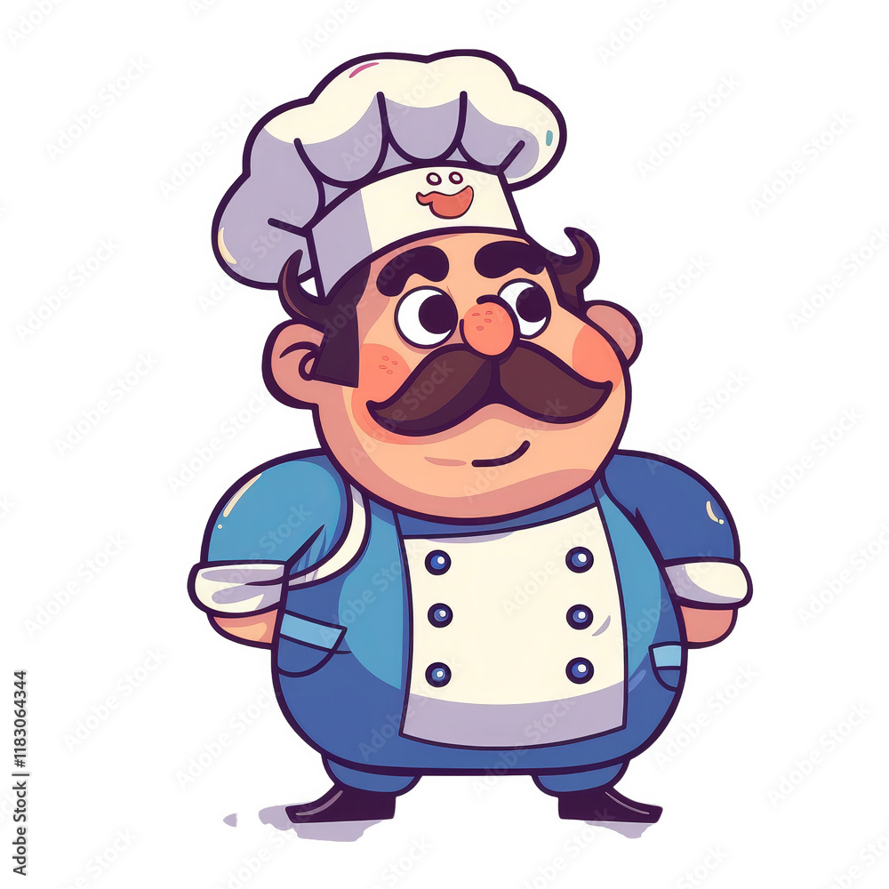Cartoon chef with a white chef hat and blue uniform.
