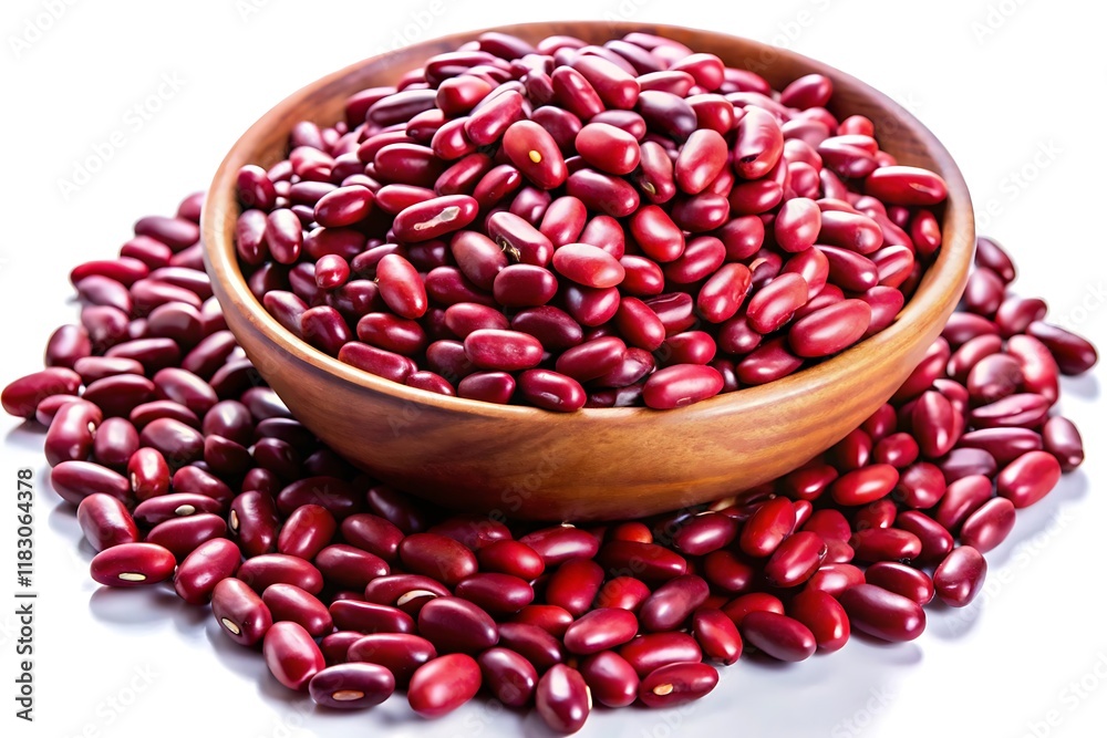 A wooden bowl filled with red kidney beans sits on a white background, with more beans scattered around it. A wooden bowl filled with red kidney beans sits on a white background, with more beans scattered around it.