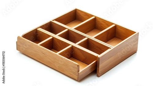 A wooden box with six compartments and a drawer