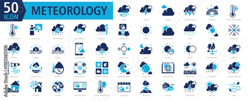 METEOROLOGY ICON SET With windy, storm, cloudy, thunderstorm, rainbow, low temperatures, hot temperature, forecaster, precipitation and low visibility