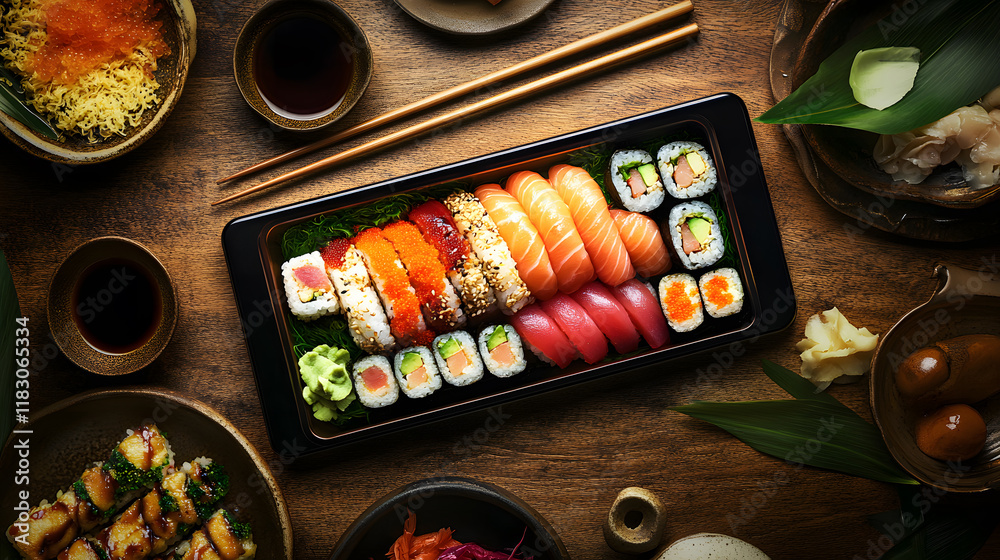 An overhead shot of a beautifully arranged sushi platter, featuring a variety of maki, nigiri, and sashimi.