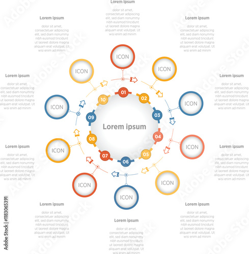 Modern 10 circle Infographic list of steps, circular layout diagram with number of sequence, infographic element template