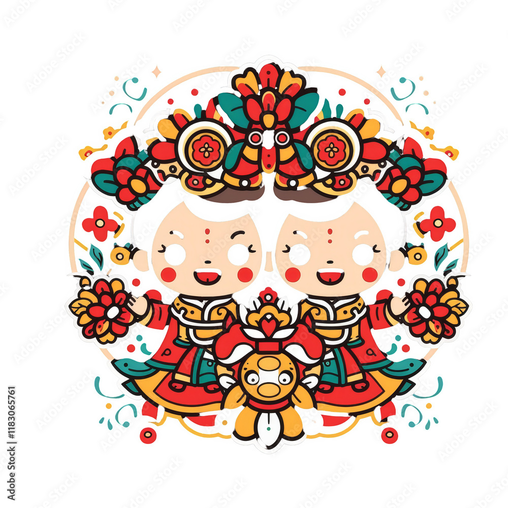 Fototapeta premium Two cartoon children in traditional Chinese clothing holding flowers, surrounded by floral patterns and a lion dance costume.