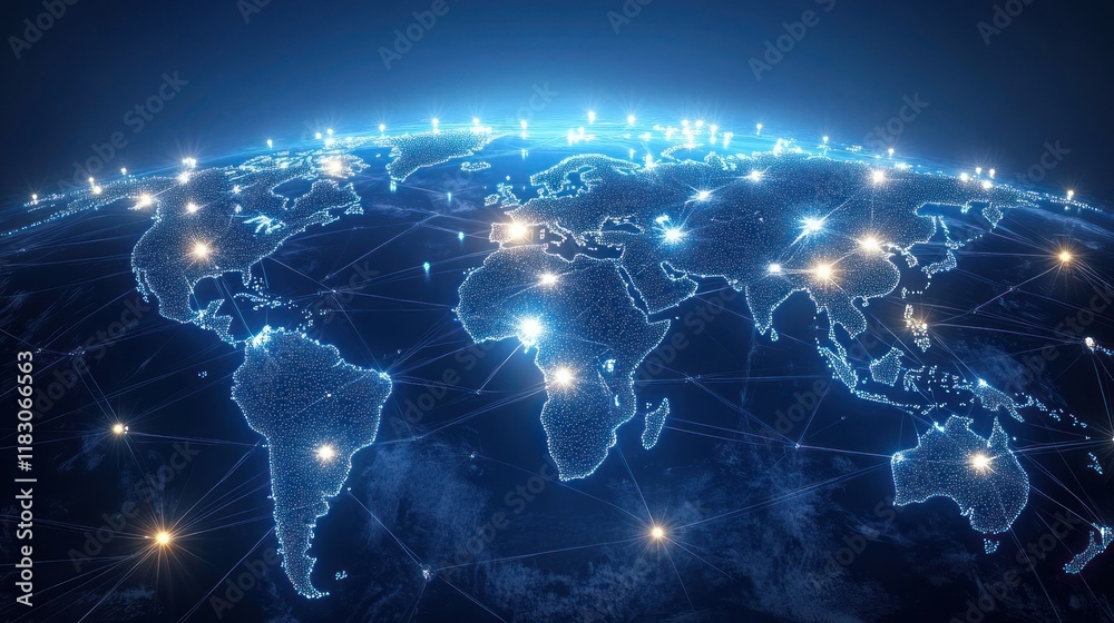 Obraz premium Global network connection, illuminated world map.