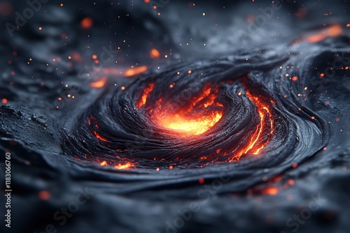 Molten lava swirls vigorously in a volcanic eruption, sending fiery orange sparks into the air against a dark, rocky terrain. The intense heat creates a dramatic and captivating sight photo