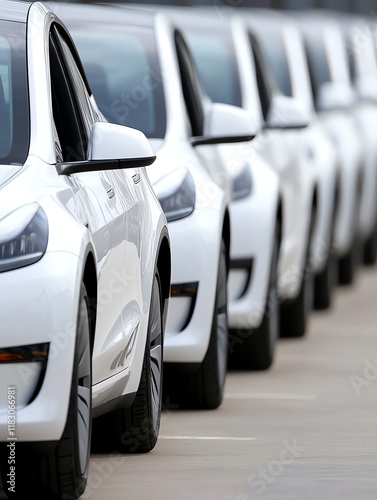A row of white electric cars parked neatly, showcasing a modern automotive design and commitment to sustainable transportation.