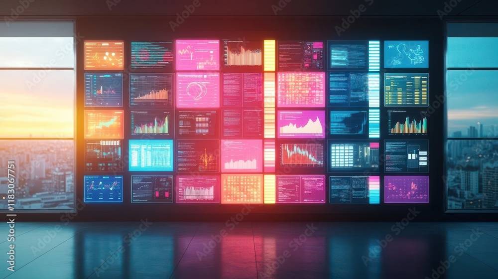 Sun-drenched room showcasing innovative data displays, warm glow enveloping the space, wide shot emphasizing openness Sun-drenched room showcasing innovative data displays, warm glow enveloping the space, wide shot emphasizing openness