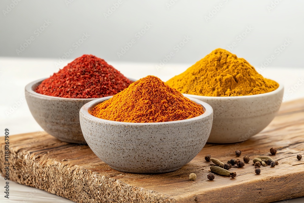 Three vibrant bowls of spices-red, orange, and yellow-sit on a wooden board, showcasing the rich colors and textures of culinary ingredients. Three vibrant bowls of spices-red, orange, and yellow-sit on a wooden board, showcasing the rich colors and textures of culinary ingredients.