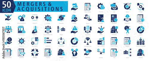 MERGERS & ACQUISITIONS ICON SET With Asset, Smart Contract, Financing, Stake, Portion, Sinergy, Venture, Money Management, Implement and Strategy 