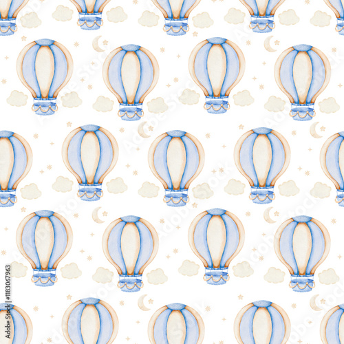 Pattern Seamless illustration with Blue Hot Air Balloons, Clouds and moon in the sky. Watercolor seamless background for Kids. Cute Print for childish textile design or wallpaper