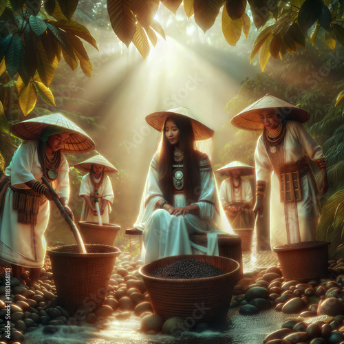 Women from Native American tribes harvest coffee.