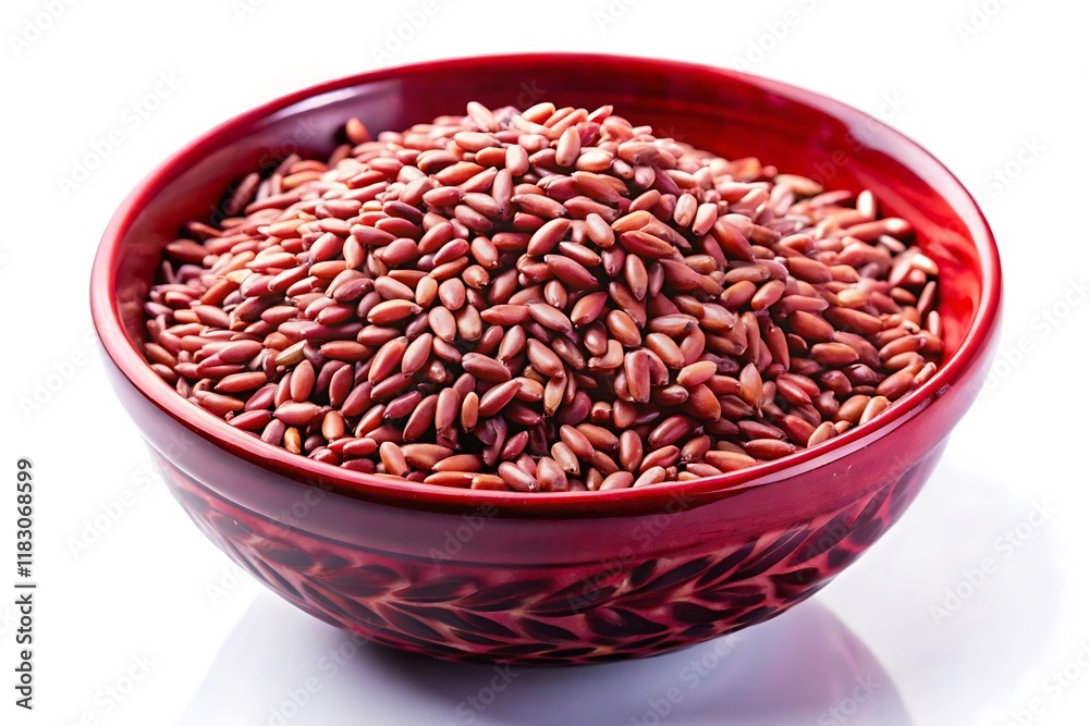 A close-up view of a red ceramic bowl filled with red rice grains. The bowl is decorated with a subtle pattern and is set against a white background. A close-up view of a red ceramic bowl filled with red rice grains. The bowl is decorated with a subtle pattern and is set against a white background.