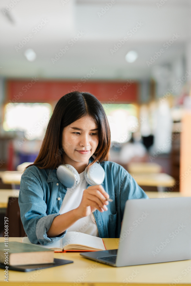 Fototapeta premium Young woman with headphones using a laptop in a cafe, focused on studying and online learning.