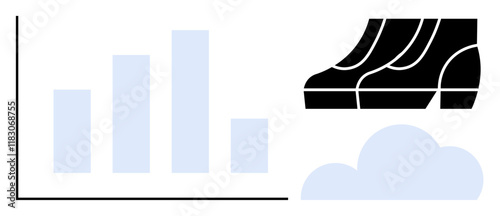 Bar graph with increasing blue bars, stylized black arrows pointing up, and a light blue cloud shape. Ideal for business success, performance growth, cloud computing, data analytics, technology
