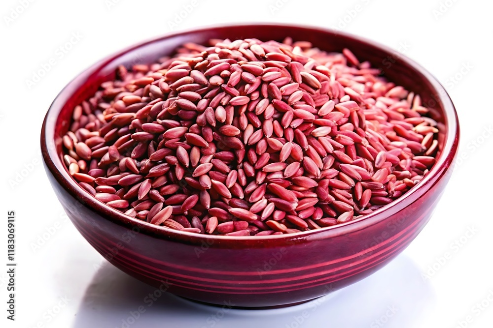 A close-up view of a red ceramic bowl filled with red rice grains. The bowl is decorated with a subtle pattern and is set against a white background. A close-up view of a red ceramic bowl filled with red rice grains. The bowl is decorated with a subtle pattern and is set against a white background.