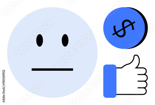 Large neutral face, crossed-out dollar sign, thumbs-up. Ideal for financial decisions, social approval, emotions, modern challenges, economy personal growth digital life. Abstract line flat