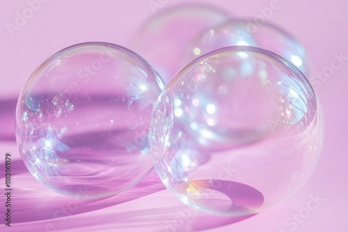 Transparent bubbles on a soft pink background reflecting light, creating a serene and dreamy atmosphere for artistic and commercial use in design projects. photo