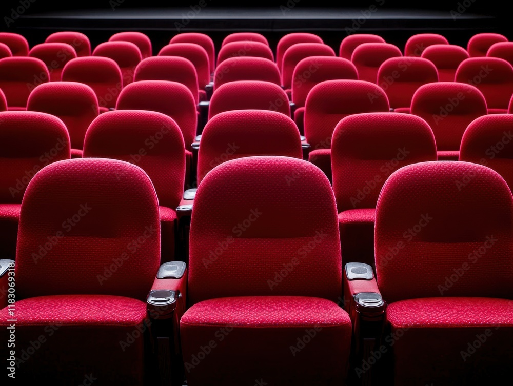 Fototapeta premium A row of empty red theater seats, showcasing a classic cinema environment, inviting viewers for an immersive movie experience.