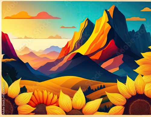 Landscape with mountains and river in abstract style with sunflowers