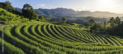 Lush green terraced hillside farm at sunset.