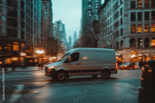 Urban Delivery Van in Motion on a Busy City Street During Twilight Hours, Blurring Motion Effect Showcasing Dynamic Urban Life and Transportation Scene