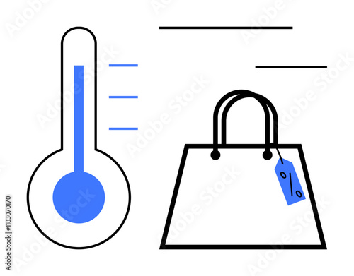 Thermometer indicating levels beside a shopping bag with a discount tag. Ideal for economics, retail trends, consumer behavior, sales performance, marketing strategies, price sensitivity, abstract