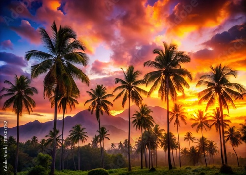 Low Light Tropical Paradise  Lush Palms  Vibrant Sky  Distant Mountains