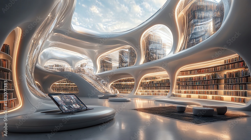 Fototapeta premium Futuristic Library: Organic Architecture, Serene Lighting, and Open City Views