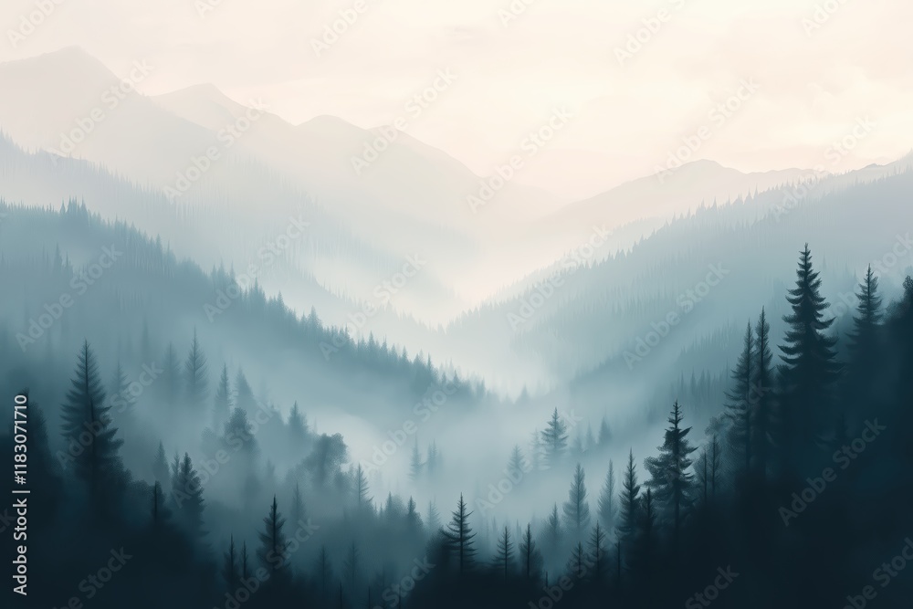 Obraz premium Misty Forest-Covered Mountains in Soft Morning Light