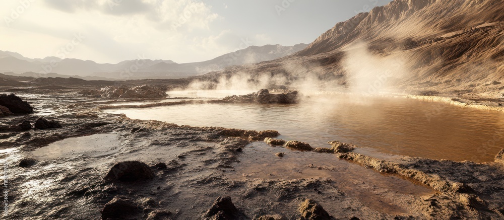 Fototapeta premium Steaming hot springs in a rocky desert landscape.