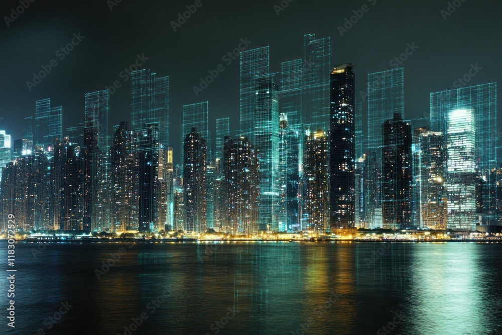 Fototapeta premium Futuristic city skyline at night with digital overlay.