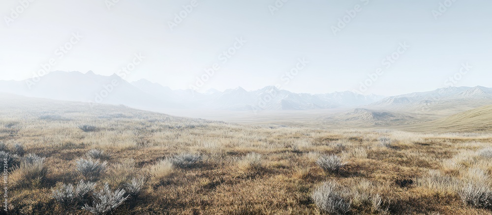 Misty mountain landscape with dry grass and shrubs. Misty mountain landscape with dry grass and shrubs.
