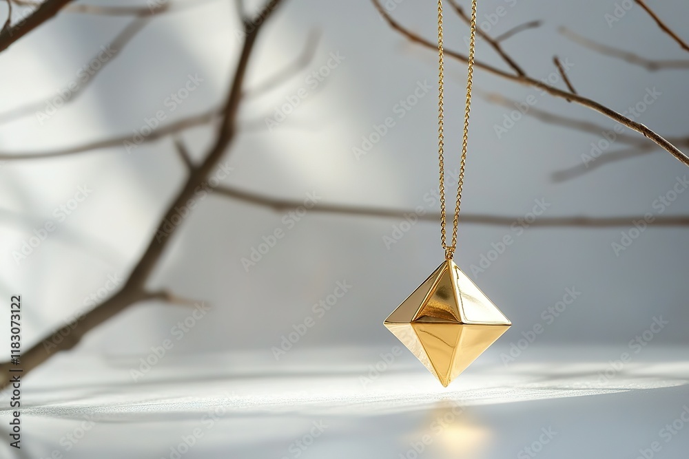 Fototapeta premium Geometric gold pendant necklace hanging against a minimalist background of branches.