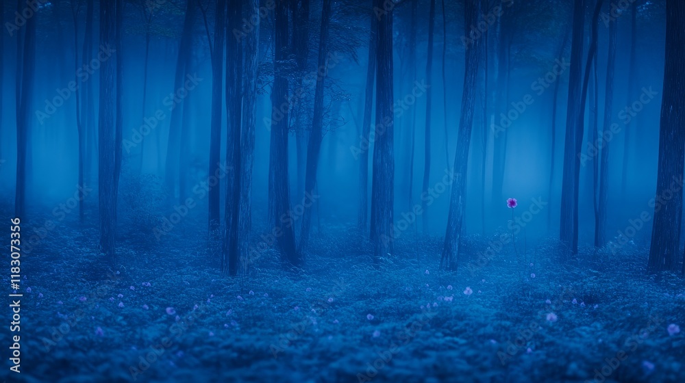 Solitary Bloom in a Blue Misty Forest at Night Solitary Bloom in a Blue Misty Forest at Night