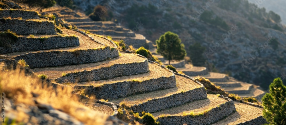 Obraz premium Sunlit stone terraced fields on a hillside.