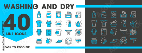 Washing and dry cleaning icons for laundry service, vector line pictograms. Dry cleaning icons of laundromat washing machine or hand wash clothing and stain removal from shirt, detergent and iron