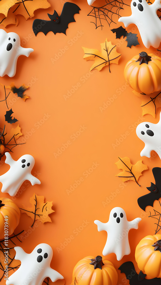 Fototapeta premium Spooky Halloween Autumnal Orange Background with Ghosts, Pumpkins, Bats and Leaves