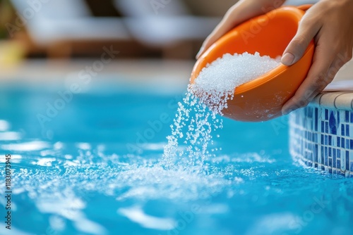 Hands pouring salt into a pool. Adding salt to maintain proper pool chemistry and sanitation.