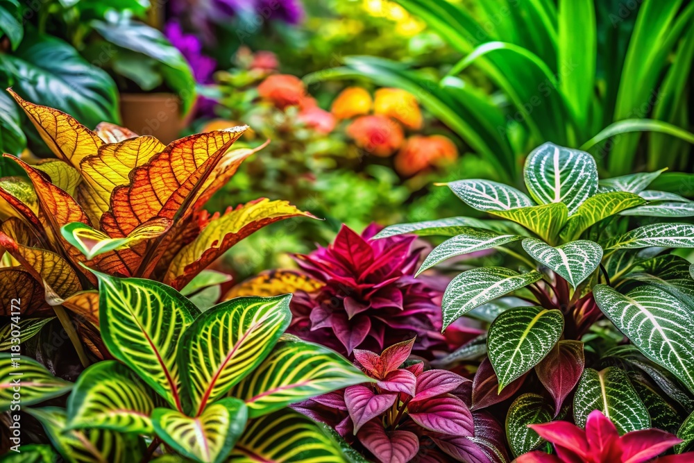 Obraz premium Lush Botanic Garden Plants, Vibrant Flowers, Green Leaves, Nature Photography