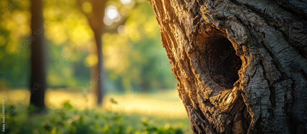 Obraz premium Sunlit tree trunk detail with a hollow, blurred park background.