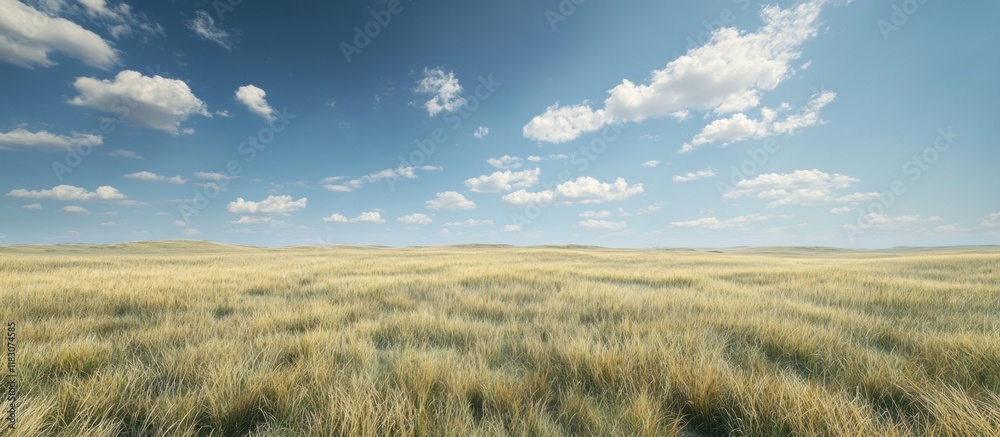 Expansive golden grassland under a bright blue sky dotted with fluffy white clouds. Expansive golden grassland under a bright blue sky dotted with fluffy white clouds.