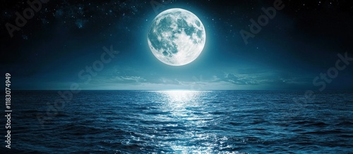 Full moon over tranquil ocean at night. (2)