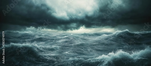 Dark stormy ocean waves under a dramatic sky.