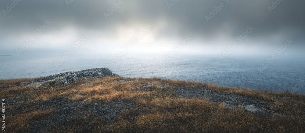 Fototapeta premium Misty coastal clifftop with dry grass overlooking the ocean.