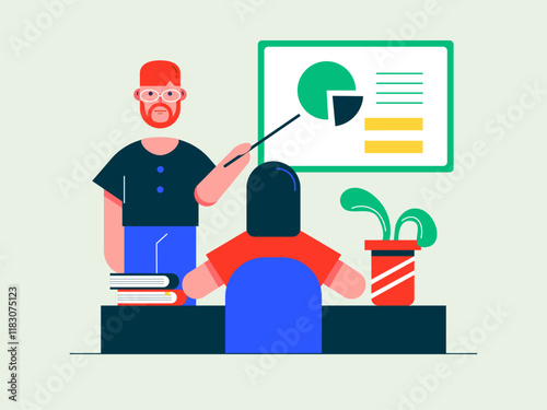 Girl doing home schooling. Homeschooling illustrations. Flat vector illustrations